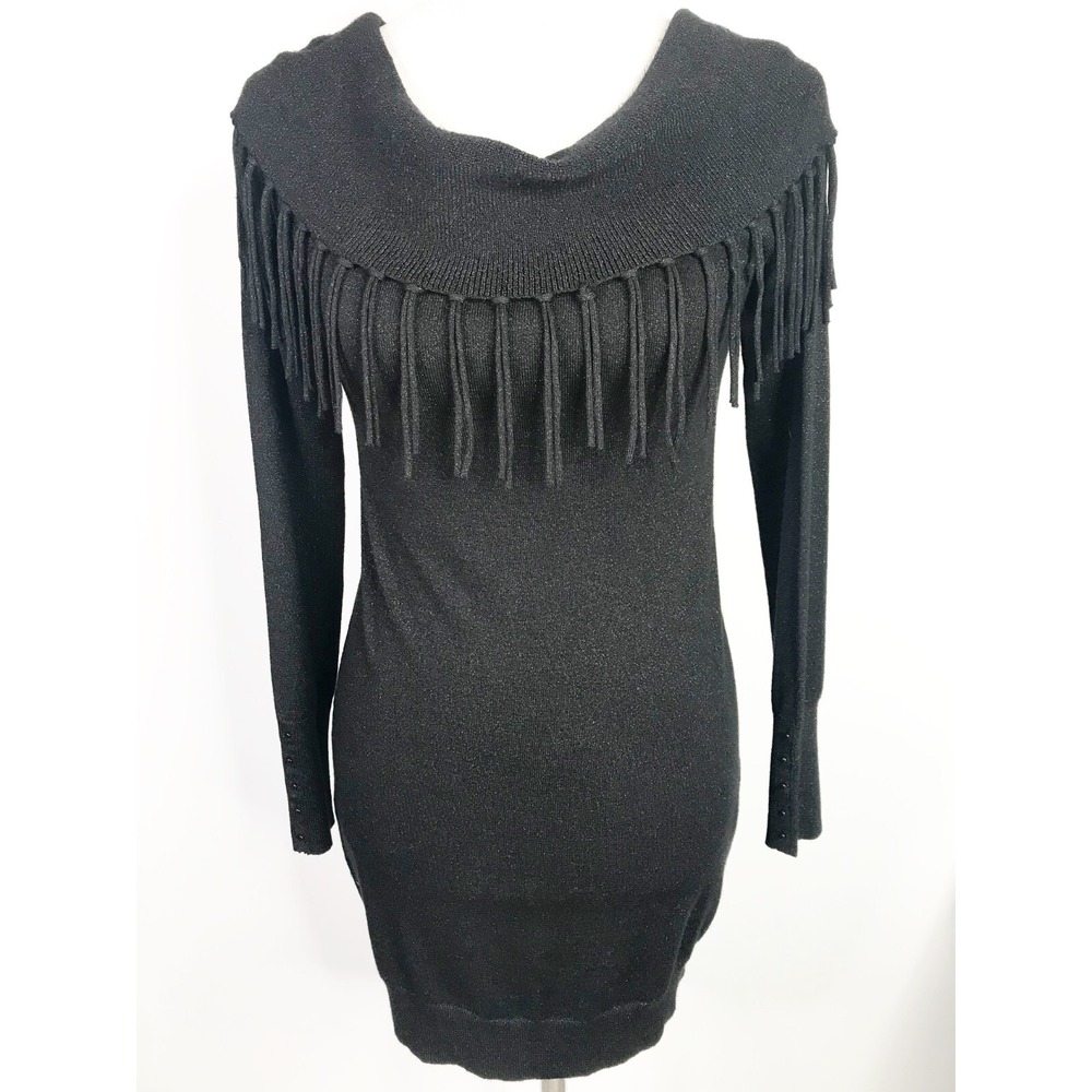 White House Black Market Sweater Womens Small Black Metallic Tunic  Fringe Goth